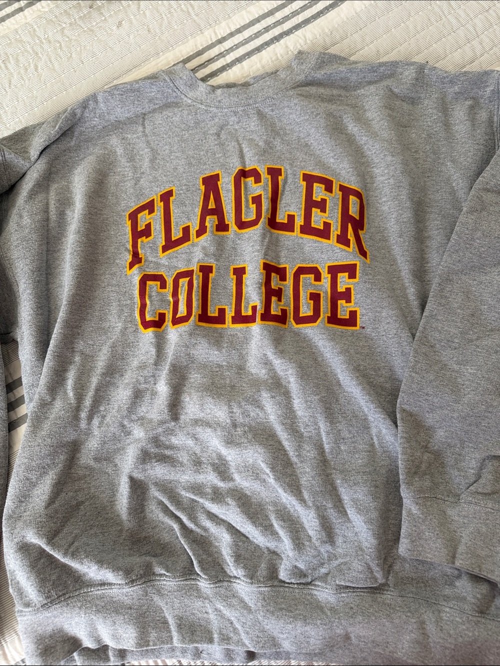 MV Sport Flagler College Grey Crewneck with Red and Gold Lettering